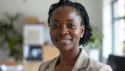 African businesswoman project manager look at camera standing alone in modern workspace.