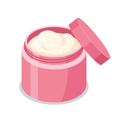 Illustration of an open pink jar filled with cream on a white background with the lid off to the side