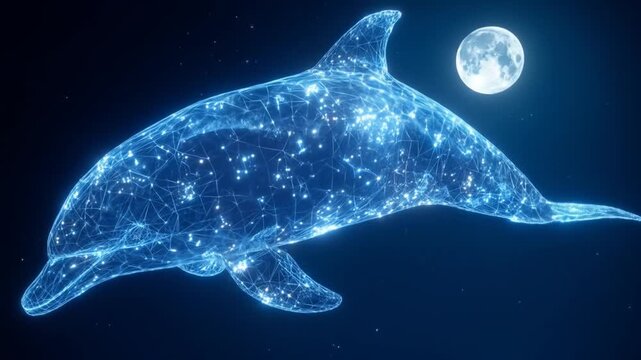 Digital dolphin silhouette with moon in a dark blue space illustration