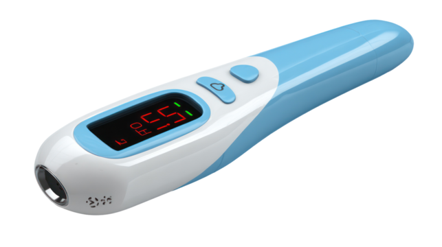 Blue and white digital infrared thermometer isolated on transparent background