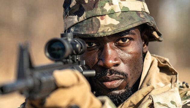 Close-up shot of a soldier aiming a rifle with a scope. Military camouflage is worn