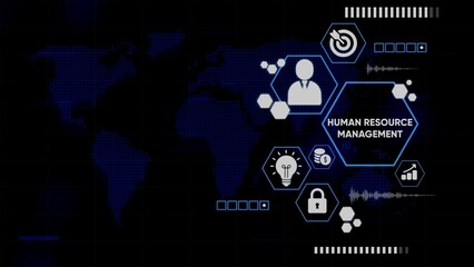 Human Resource Management concept with global map and business icons on dark background human resources