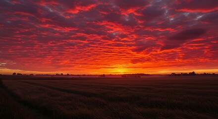 Vibrant sunset sky over agricultural field dramatic colors and horizon