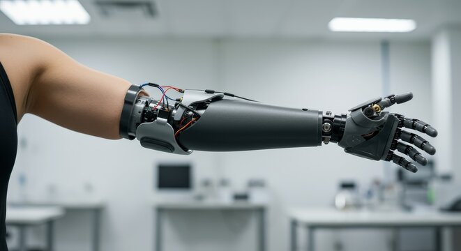 Prosthetic arm in laboratory environment shows technological innovation and healthcare advancements