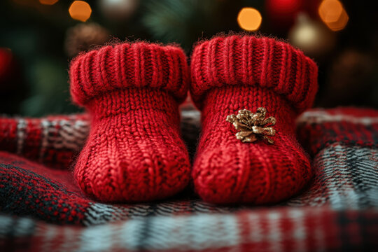 red knitted Christmas socks with gold bow on top.