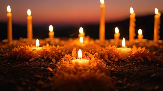 Warm Candlelight and Marigolds A Traditional Offering for Remembrance and Celebration, Evoking Cultural Heritage and Spiritual Connection