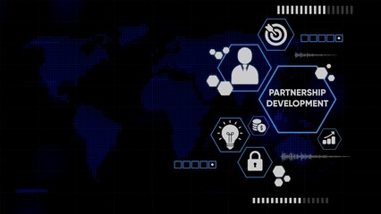 Partnership Development Business Concept with Digital Icons and World Map Overlay global