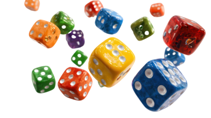 Collection of colorful dice scattered and floating isolated on transparent background
