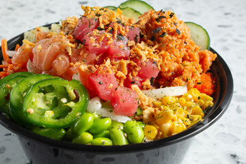 A closeup view of a poke bowl.
