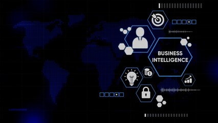 Fototapeta premium World Map with Business Intelligence Infographic Elements and Digital Data Display analysis global