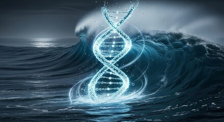 A digital dna double helix structure emerges from a wave, symbolizing the power of genetic research