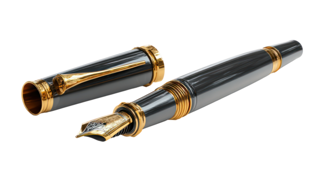 Elegant fountain pen with open cap gold nib visible isolated on transparent background
