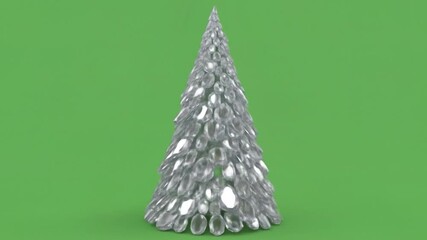 A modern, stylized Christmas tree made of shiny silver ornaments against a solid green background. - Powered by Adobe