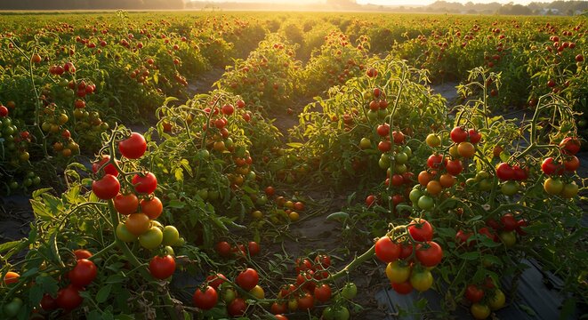 Tomato plants in a field with rows sunlight and ripe red fruit
