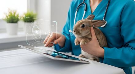 Dedicated veterinarian uses advanced AI technology on tablet to care for adorable rabbit patient in modern clinic, showcasing compassionate and innovative animal healthcare solutions.