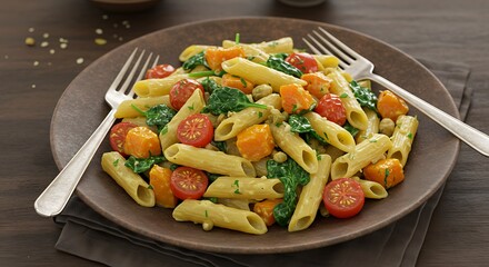 Pasta dish with vegetables on a brown plate with forks