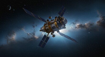 Satellite in deep space detailed representation with solar panels against a cosmic backdrop