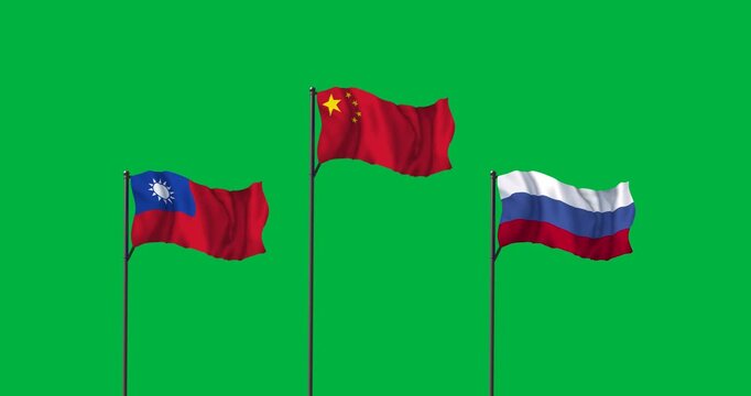 Animation of three flags of taiwan, china and russia on poles against blank background