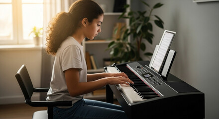 Young girl focused on learning piano with digital sheet music on tablet, practicing at home with warm sunlight streaming in