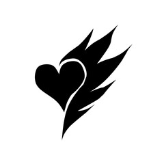 Black vector logo of a flaming heart or a heart with stylized wings. A passionate and energetic design, perfect for tattoo art, love and romance themes, or edgy branding.