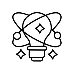A creative icon combining a light bulb with atomic orbits and sparkles, symbolizing innovation, bright ideas, science, and futuristic thinking. © Rahmad