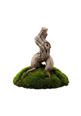 Fototapeta premium A unique bonsai tree displayed on a bed of lush green moss, showcasing its natural form and intricate details, isolated on transparent background 