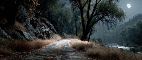 Whispers of wind rustling through dry, brittle leaves on a moonlit path.