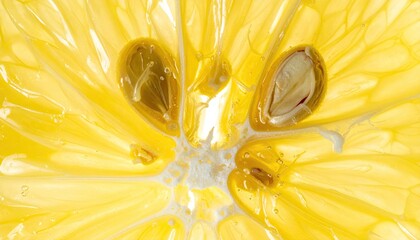 Macro Cross Section of a Fresh Yellow Lemon Fruit Slice with Seeds and Pulp Under Natural Light High Detail and Texture