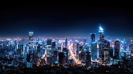 Obraz premium Nighttime city skyline with illuminated skyscrapers and busy streets showcasing vibrant urban life and modern architecture