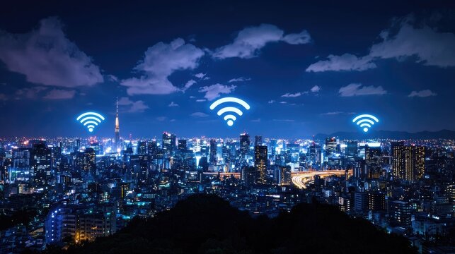 Nighttime Urban Landscape with Wireless Signal Icons Over City Skyline Illuminated by Lights