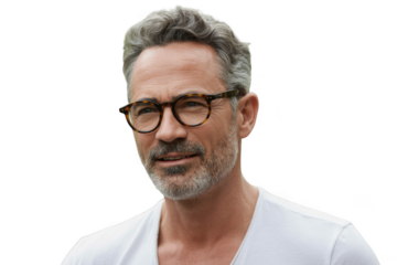 Distinguished man with glasses headshot portrait featuring graying hair and beard transparent background