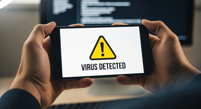 Person holding smartphone displaying virus detected warning with computer screen in the background