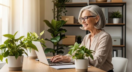 Mature woman working on laptop surrounded by plants in a bright and comfortable home office space