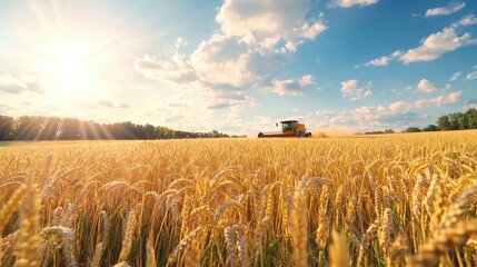 Obraz premium Golden Wheat Field Under Blue Sky with Sunlight and Agricultural Machine Harvesting Crops in Rural Landscape