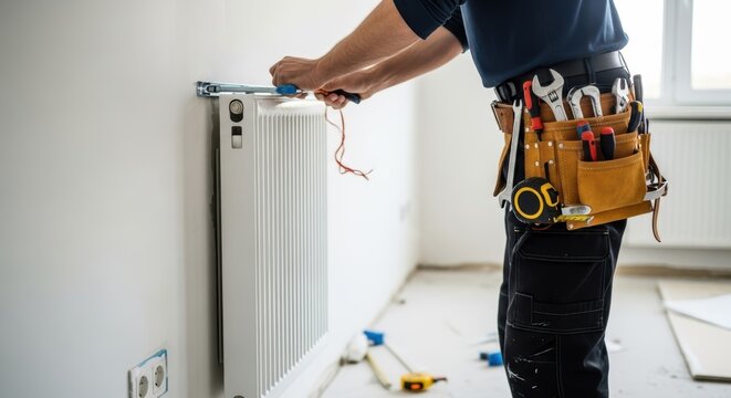 A handyman fixing a radiator with tools and a tool belt in a bright room during home renovation work
