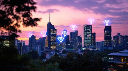 Fototapeta premium Urban Cityscape at Dusk with Digital Connectivity Symbols Over Skyscrapers and Vibrant Sunset Colors