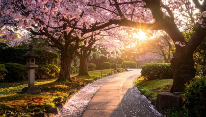 A sunlit garden path lined with cherry blossoms. Light filters through branches, illuminating stone lantern