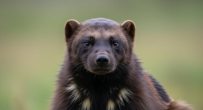 Close up of a wolverine with brown fur against a blurred green background