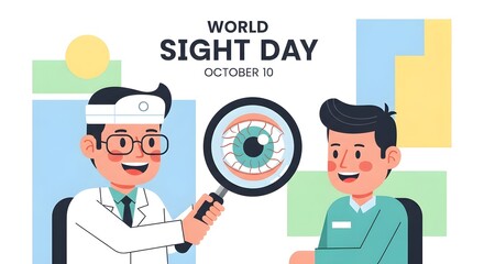 A doctor examining a patient's eye with a magnifying glass, celebrating World Sight Day.