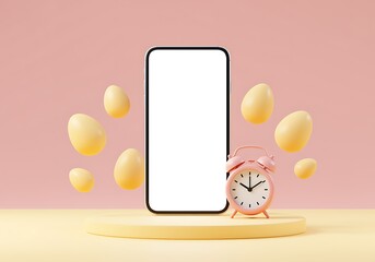 Easter Countdown Mockup Featuring Smartphone and Pastel Eggs with Alarm Clock for Spring Holiday Promotions
