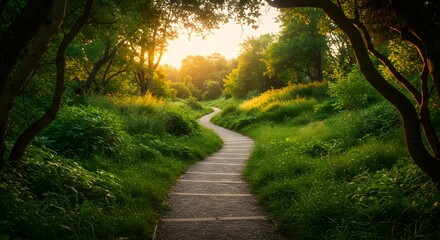 Obraz premium Wooden path winding through lush forest with tall trees mountain view and warm sunlight creating a peaceful scenic and inviting natural landscape