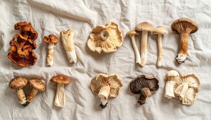 Assorted Wild Mushroom Specimens Flat Lay on Textured Beige Fabric Raw Rustic Fungi Study Overhead Natural Light