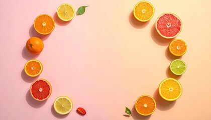Circle of Colorful Citrus Fruit Slices on Light Background Top Down View
