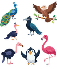 Bird illustration set, diverse avian species, peacock, eagle, hornbill, vulture, flamingo, penguin, colorful feathers, wildlife icon, cartoon style, vector design