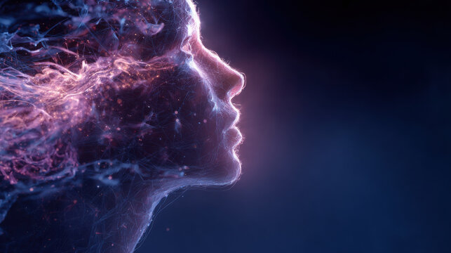 Ethereal face profile, neon light, digital energy, cosmic glow, abstract smoke, human in loop vision, dreamy calm silhouette
