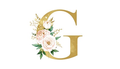 Gold letter G adorned with pastel floral design