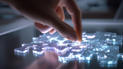 Human hand places glowing puzzle piece in loop of digital jigsaw on glass surface, futuristic mood with soft light and tech focus
