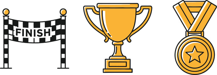 Naklejka premium Finish line, golden trophy cup and medal with star success and achievement concept in sport competition