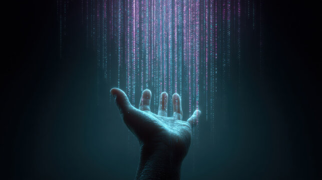 Human hand reaches into loop of glowing data stream in dark, hopeful and curious mood
