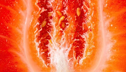 Detailed Macro Shot of a Strawberry Half Showing Seeds and Pulp in Bright Red and White Colors Filling the Frame
